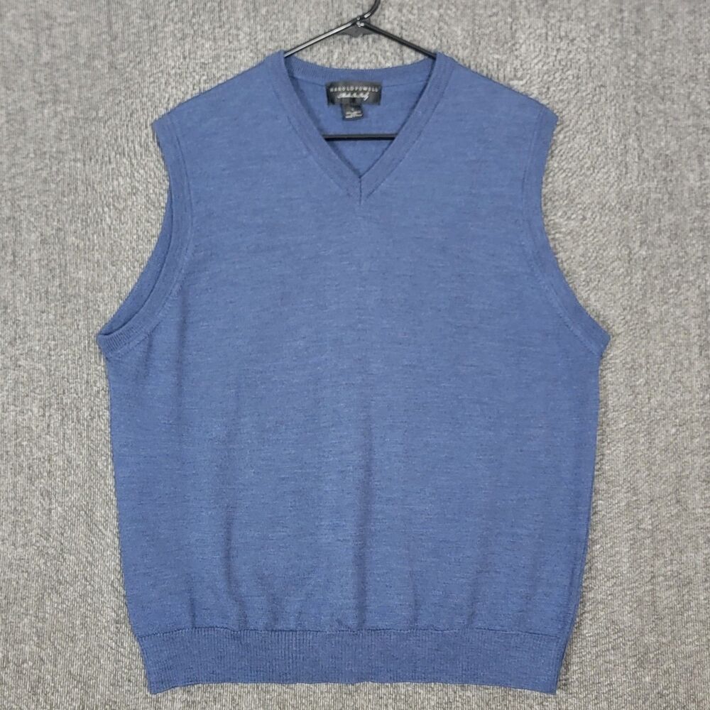 Harold Powell Sweater Vest Mens Large Blue 100% Merino Wool V-Neck Made In Italy